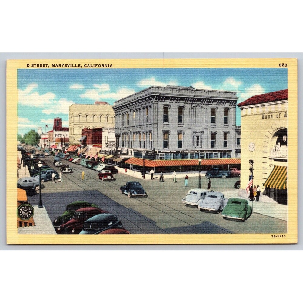 Vintage Marysville CA Postcard D Street Schneider's Bank of American Linen c1943